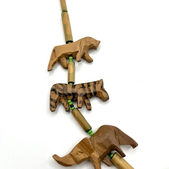 Vintage Hand-Carved Wooden Safari Animal Necklace Tribal Folk Art Statement - Picture 3 of 6